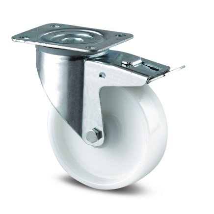 Swivel industrial wheel, white, ø 125 mm with total brake and mounting plate - 1