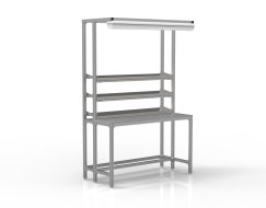 Workshop table made of aluminum profiles with galvanized shelves