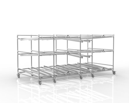 Three-level mobile gravity flow rack with roller tracks - 1