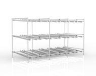 Three-level stationary gravity flow rack with roller tracks