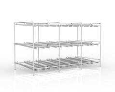 Three-level stationary gravity flow rack with roller tracks