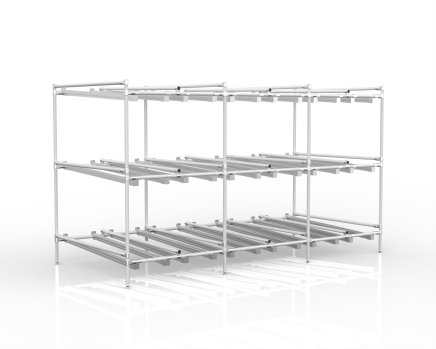 Three-level stationary gravity flow rack with roller tracks - 1