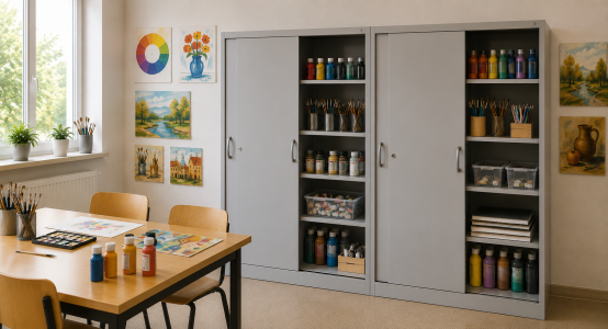 Shelving cabinets with sliding doors