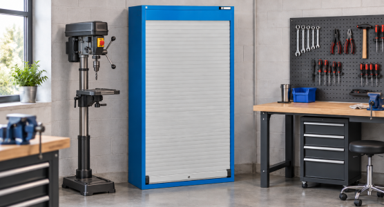 Workshop cabinets with roller doors