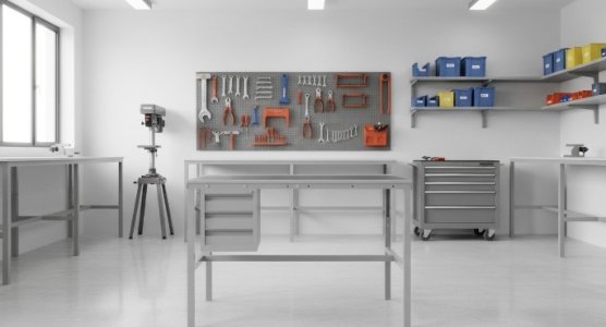 Workshop benches with laminate tops and under-mounted drawer units
