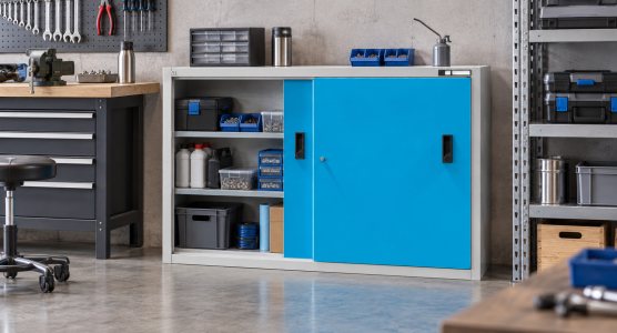 Workshop cabinets with sliding doors