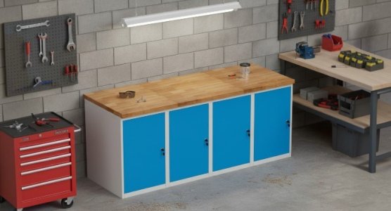 Workshop Tables with Pedestal Cabinets and Beech Worktop