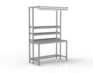 Workshop table made of aluminum profiles with galvanized shelves