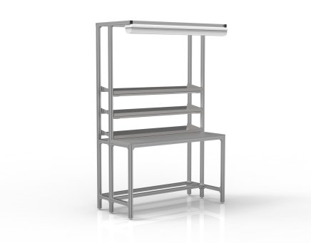 Workshop table made of aluminum profiles with galvanized shelves