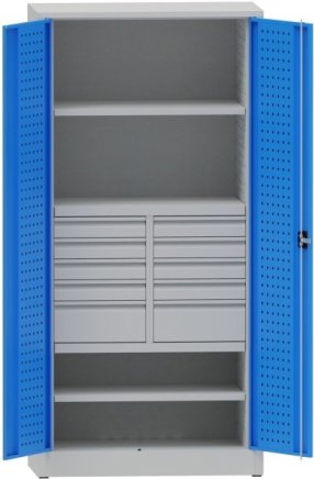 Workshop cabinet with divided drawers and shelves