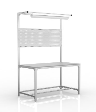 Workshop table made of aluminium profiles with upper structure (various variants)