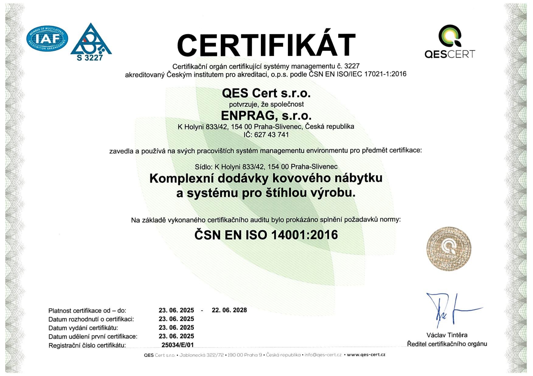 Enprag. s.r.o. has achieved ISO 14001:2016 certification for the environmental management system (EMS), which we use to improve our impact on the environment the environment and the achievement of sustainable goals and, thanks to it, to effectively manage the environmental aspects of its activities, products and services.